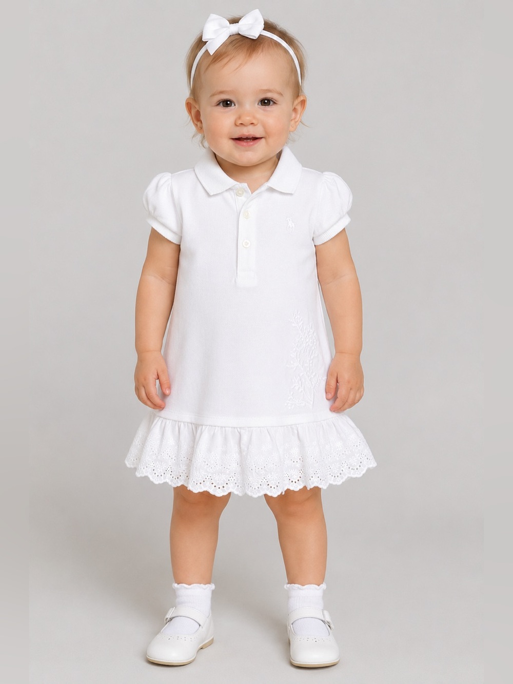 Ralph Lauren Baby Girls White Polo Dress | Eyelet Ruffle Hem | 18M | EUC - Picture 1 of 7